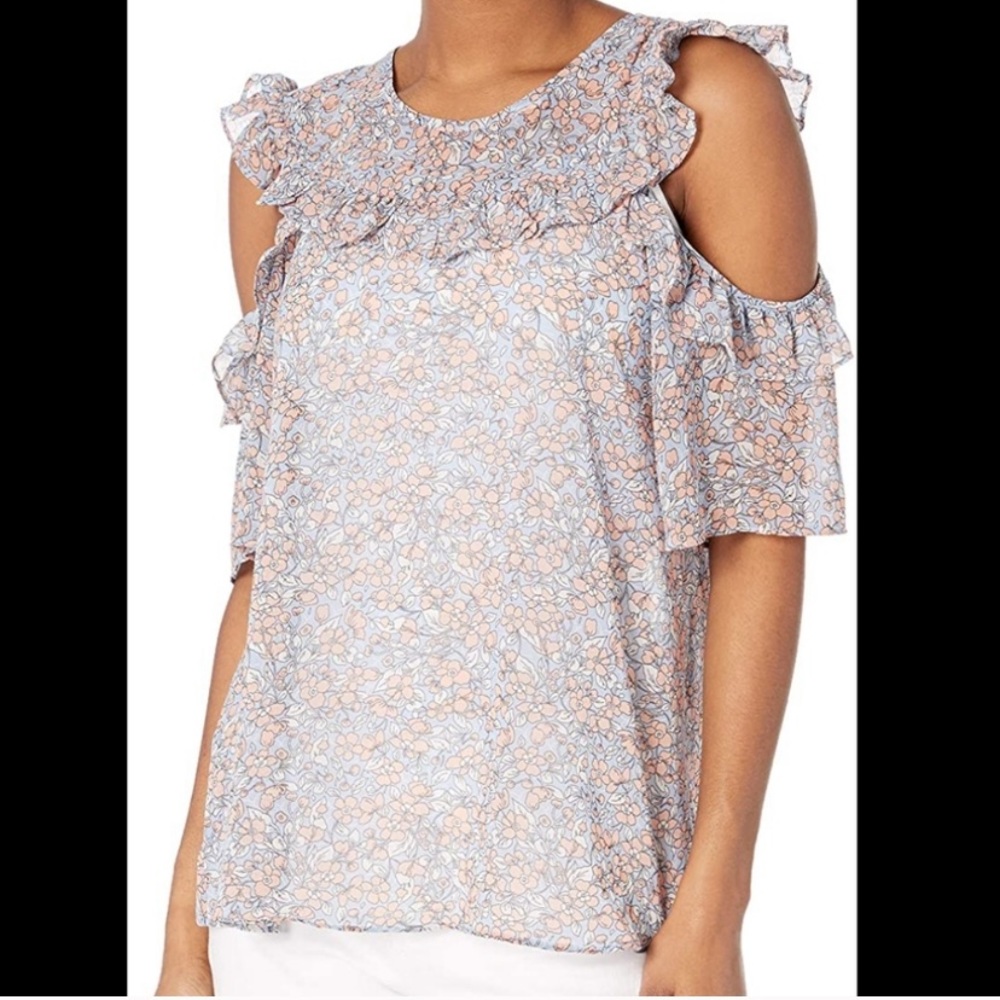 BCBGeneration blue floral cold shoulder short sleeve spring flutter blouse xs